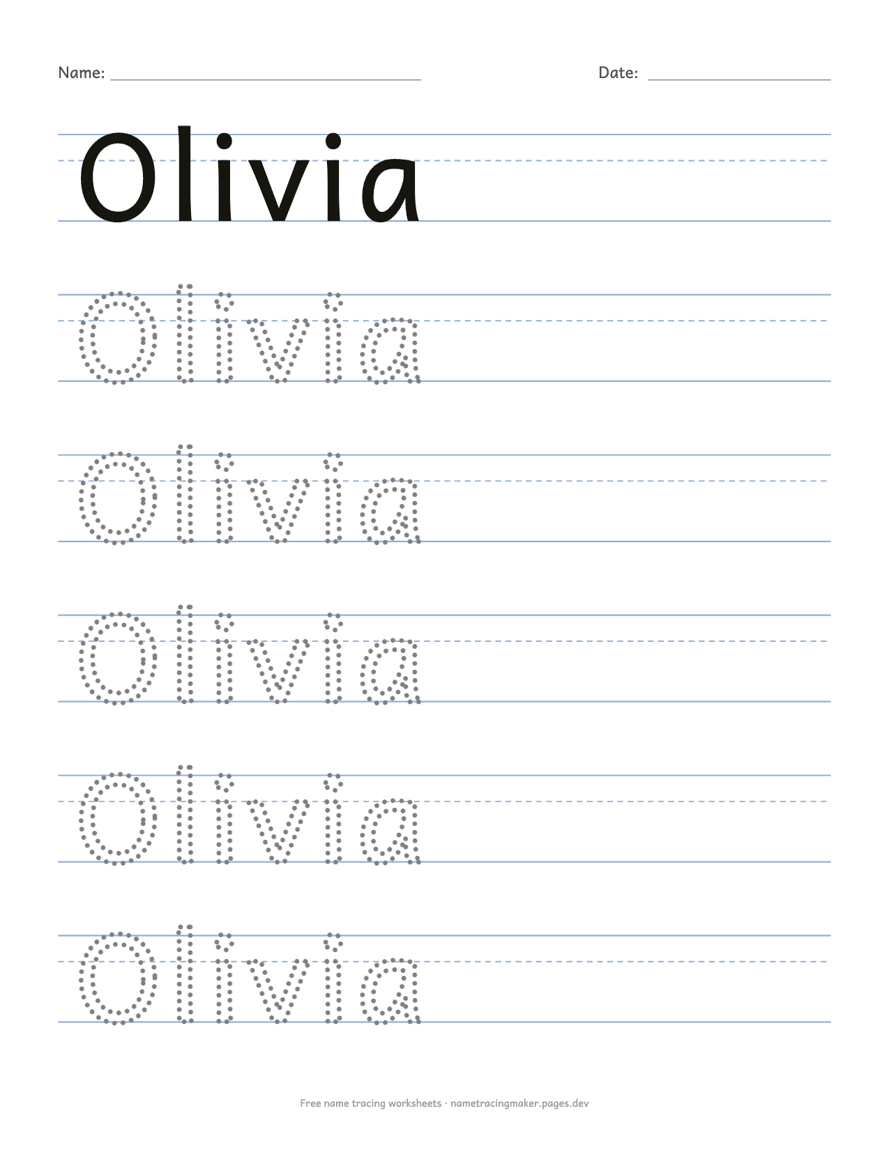 Name tracing printable for Olivia with dotted outline letters on three-line paper