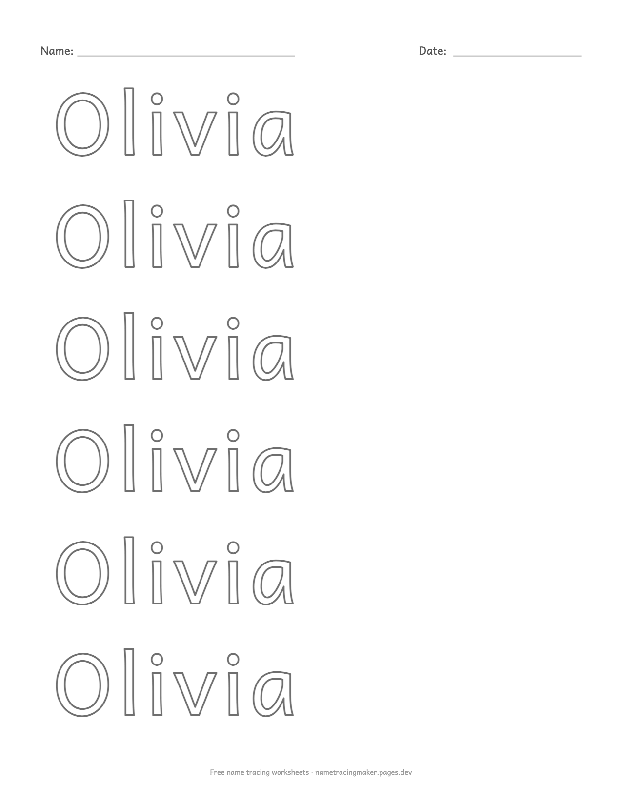 Name tracing printable for Olivia with hollow letters and no guide lines