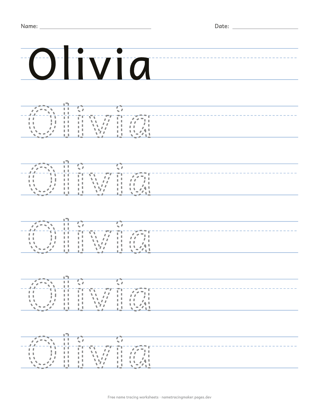 Name tracing printable PDF for Olivia on US Letter paper: six rows of dashed print letters with a name and date line