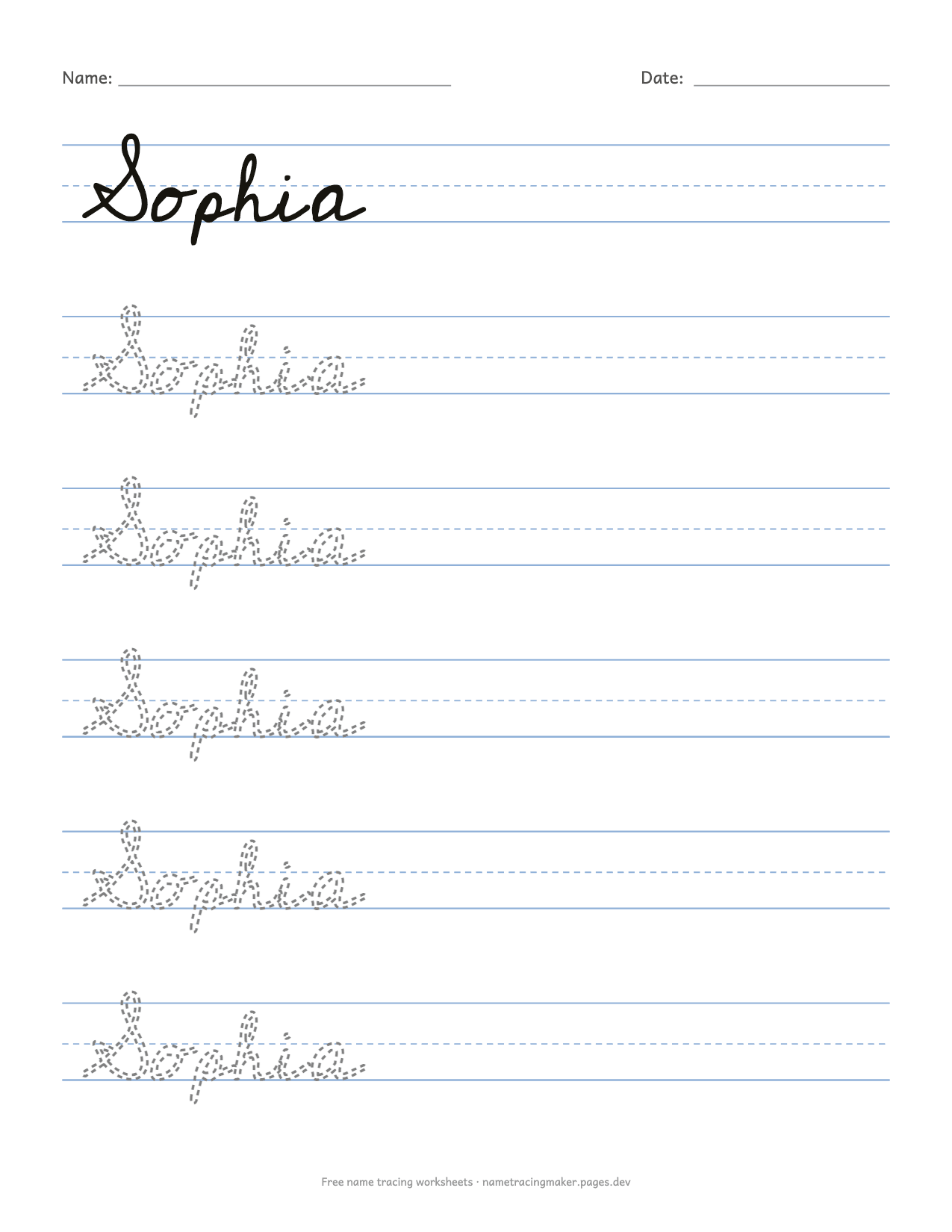 Cursive name tracing worksheet for Sophia with a solid model row and dashed cursive rows below