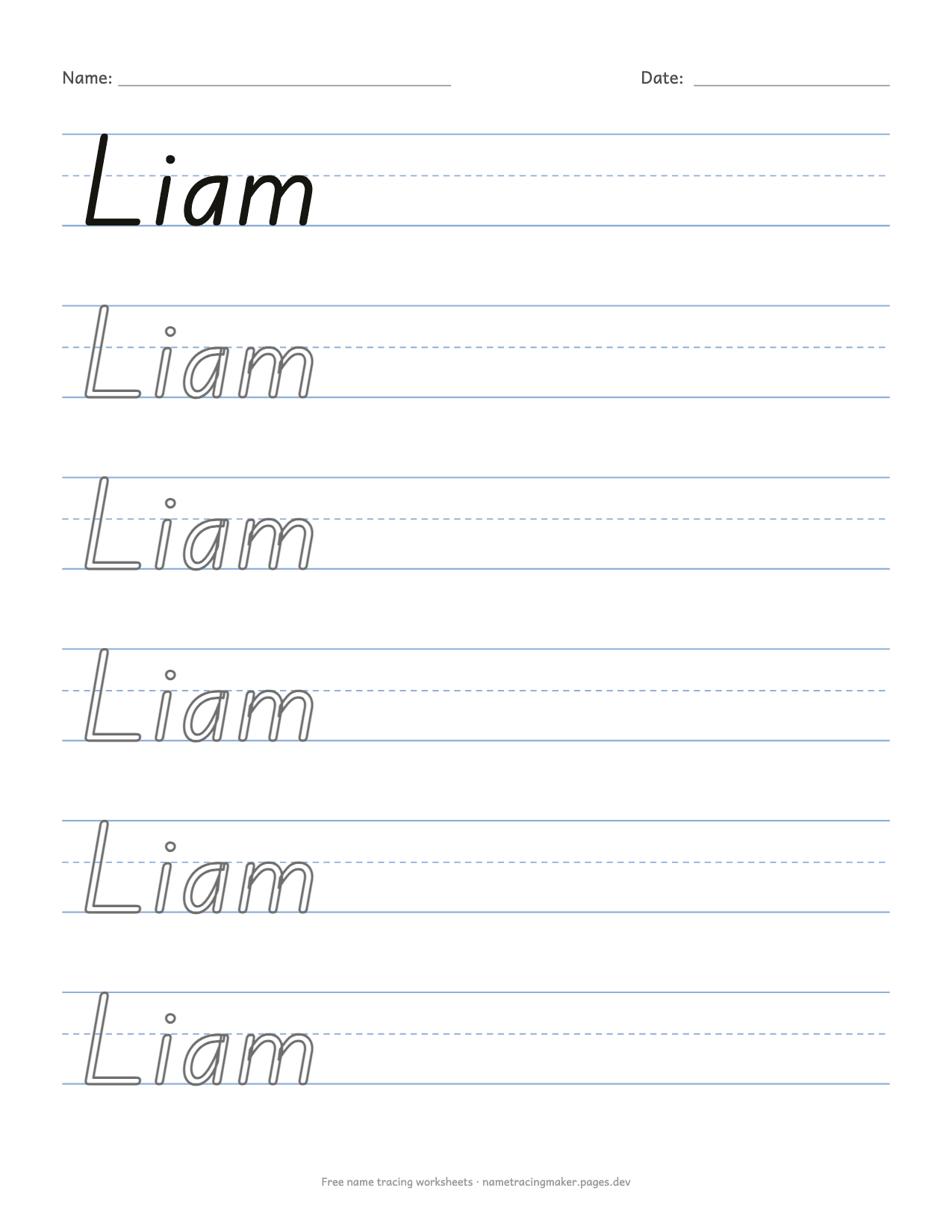 D'Nealian-style name tracing worksheet for Liam with hollow outline letters on three-line paper
