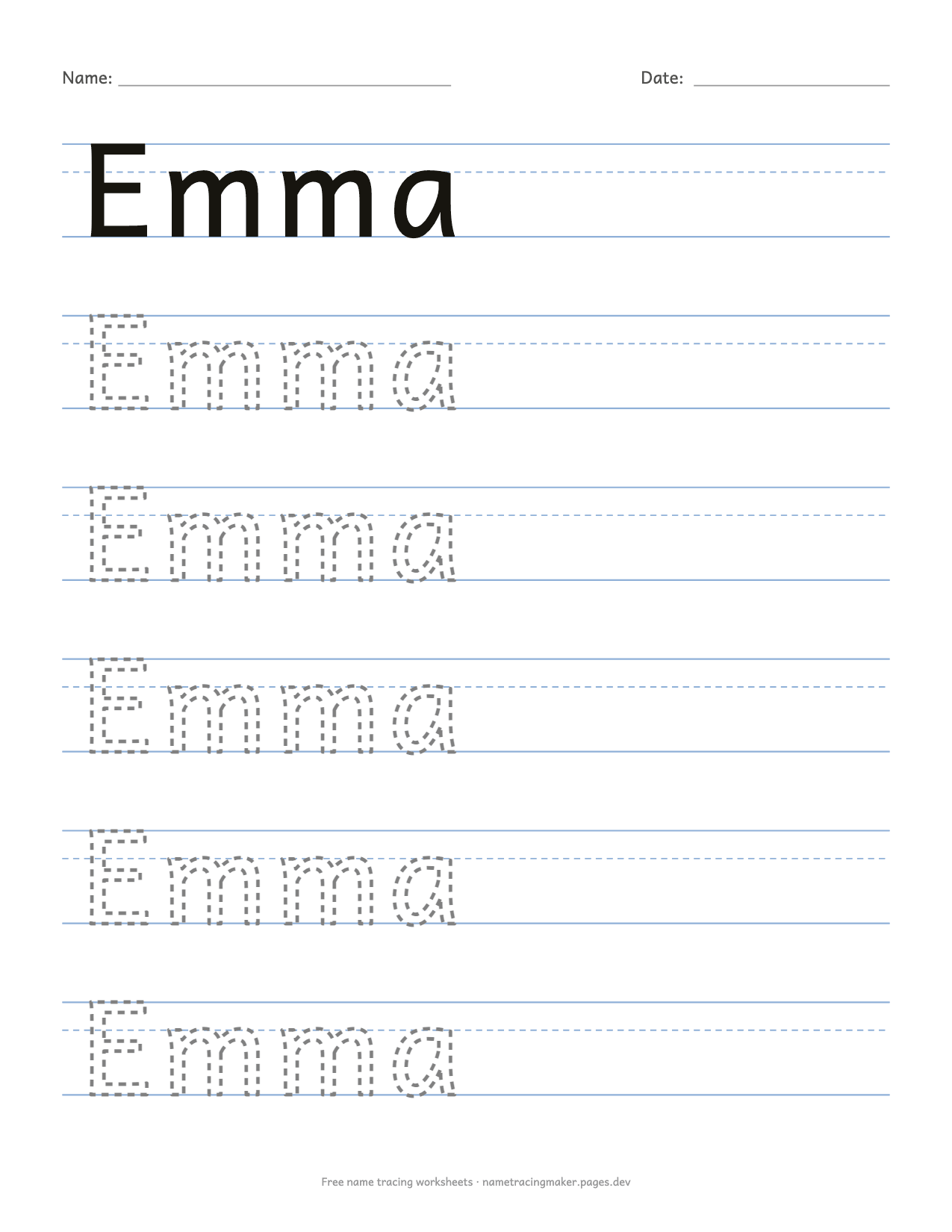 Name tracing worksheet for Emma: print letters with dashed outlines on three-line handwriting paper, solid model row at the top