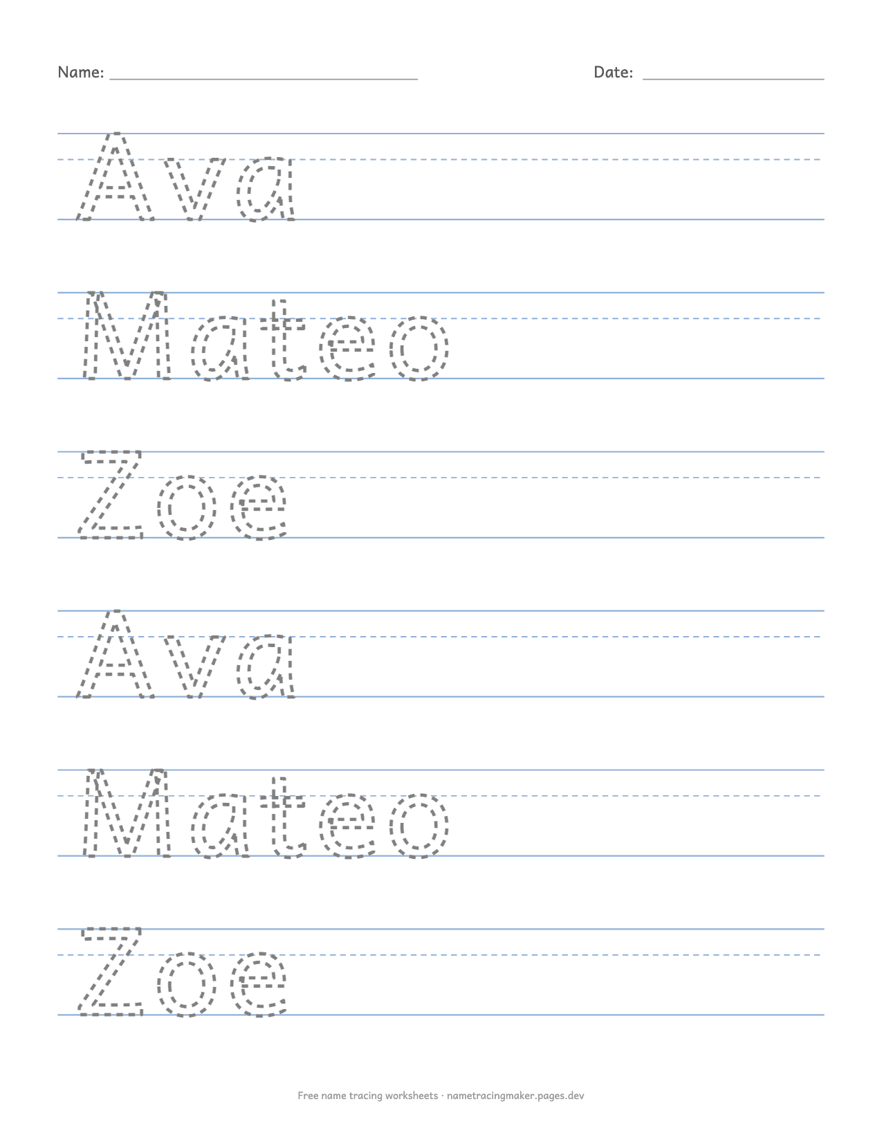 Name tracing worksheet with three different names, Ava, Mateo and Zoe, mixed on one page in print letters