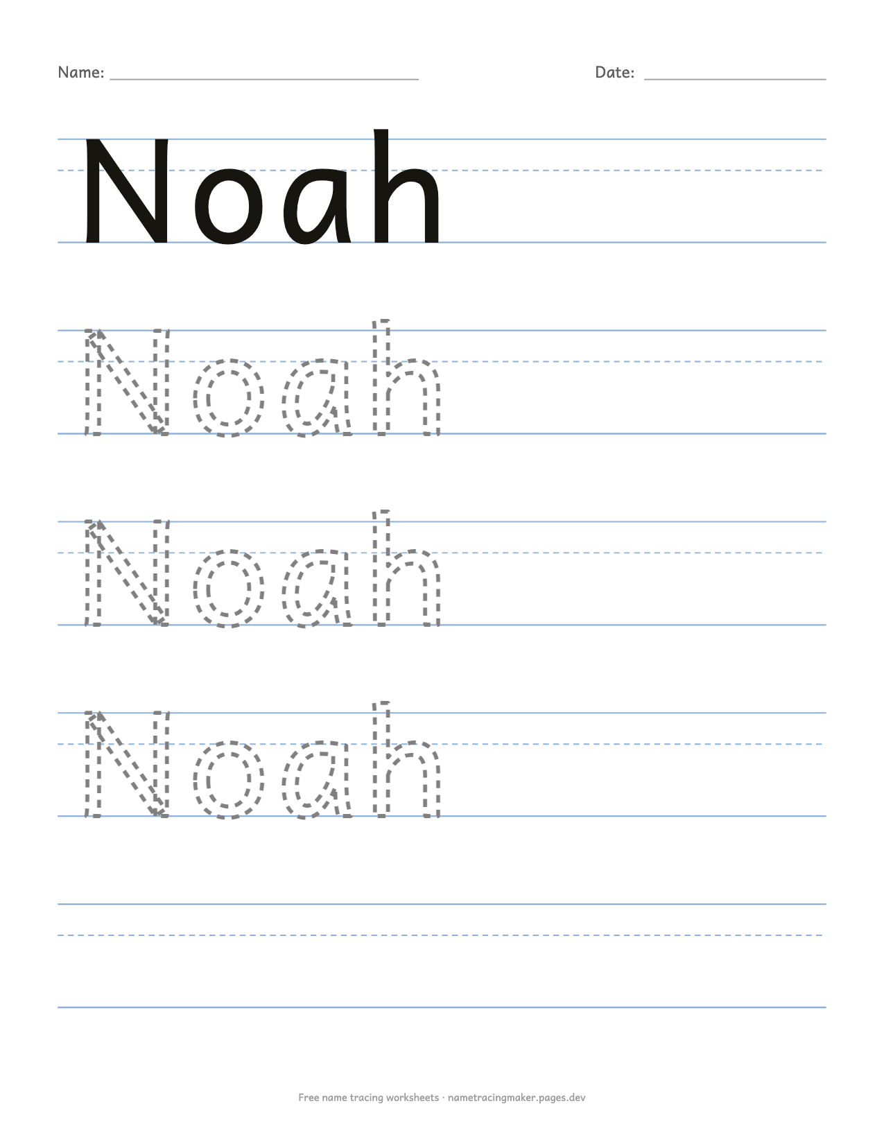 Free name tracing worksheet for preschool: the name Noah in large print letters, five rows, solid model row and an empty last row