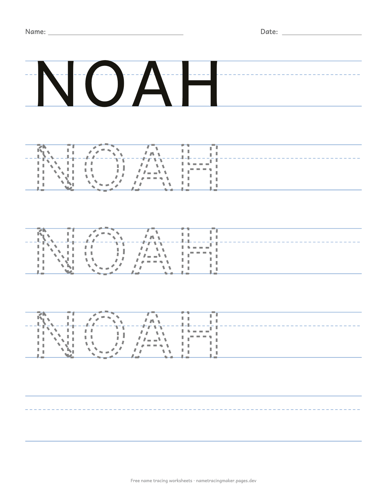 Preschool name tracing worksheet for Noah in all capital letters with dashed outlines