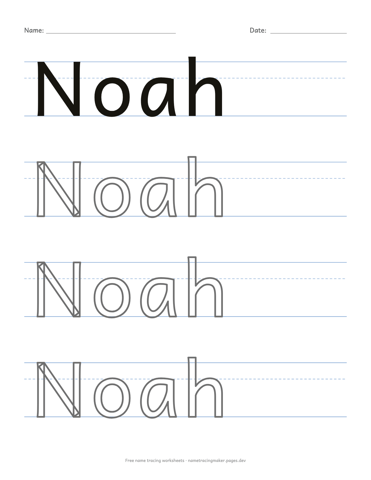Preschool name tracing worksheet for Noah with large hollow outline letters to colour in